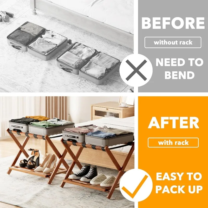 ชั้นวางสัมภาระแบบประกอบครบชุด 2 แพ็ค ขาตั้งกระเป๋าเดินทางแบบพับได้ไม้ไผ่สําหรับห้องพัก