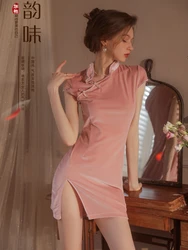 Seksi kadife çin Cheongsam Anime iç çamaşırı Cosplay üniforma yüksek bölünmüş Bodycon gecelik Babydoll gece kulübü kostüm kıyafetleri