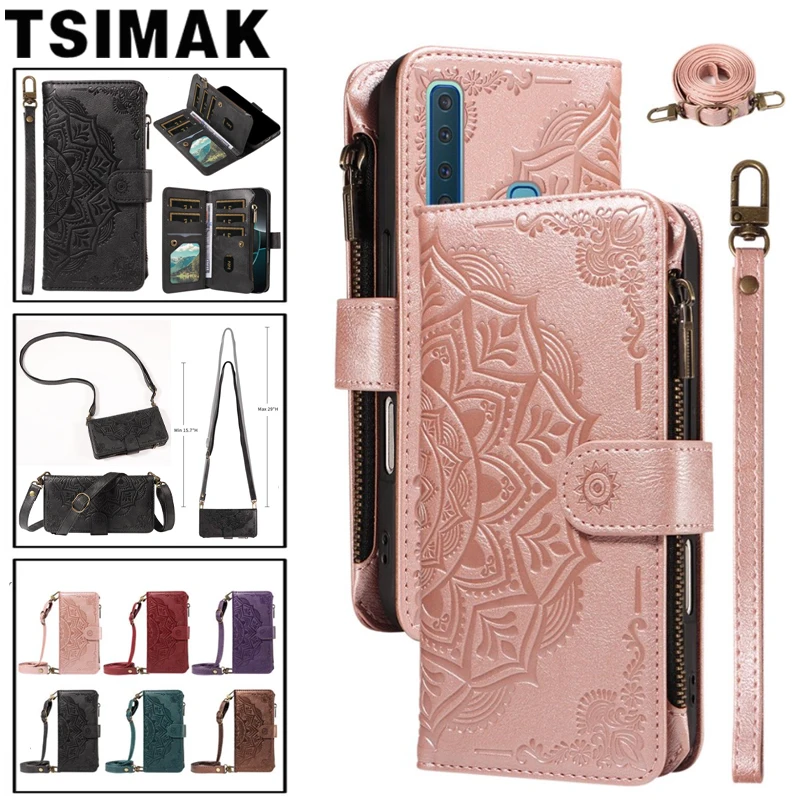 Crossbody Reißverschluss-Brieftaschenhülle für Samsung Galaxy A3 A5 A6 A7 A8 A9 2018 J4 J6 J3 J5 J7 Prime On5 On7 2016 2017 Leder Flip Cover