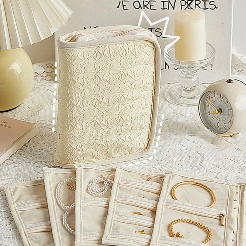 

Jewelry Storage Book With Loose-leaf Transparent Zipper Bag Necklace Ring Binder Storage Book Luxury Suede Rose Pattern Pockets