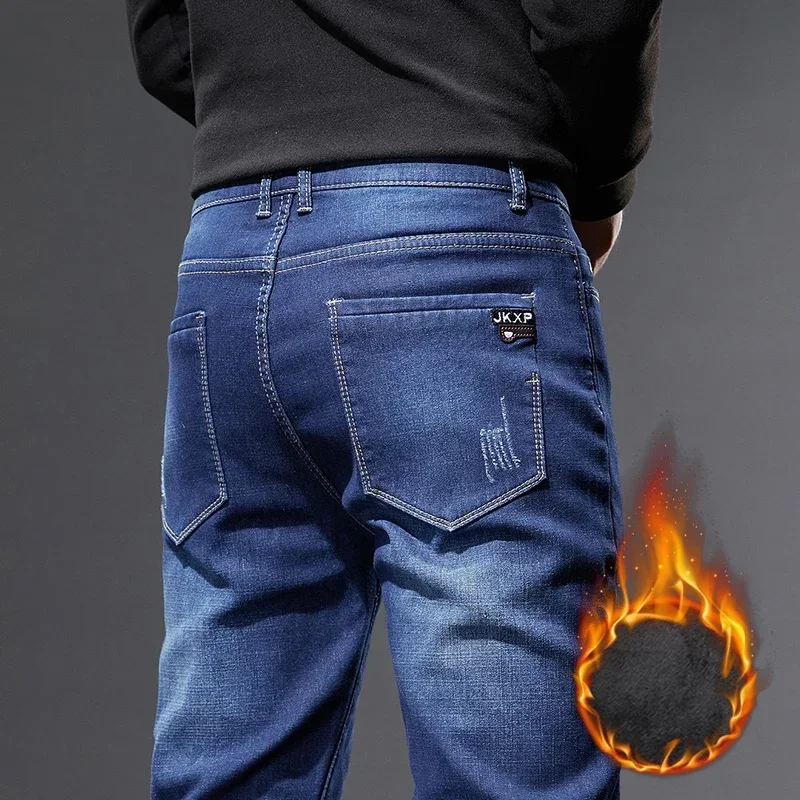 

Осень-зима, высококачественные флисовые джинсы, мужские деловые тонкие модные новые утолщенные теплые эластичные прямые повседневные джинсовые брюки