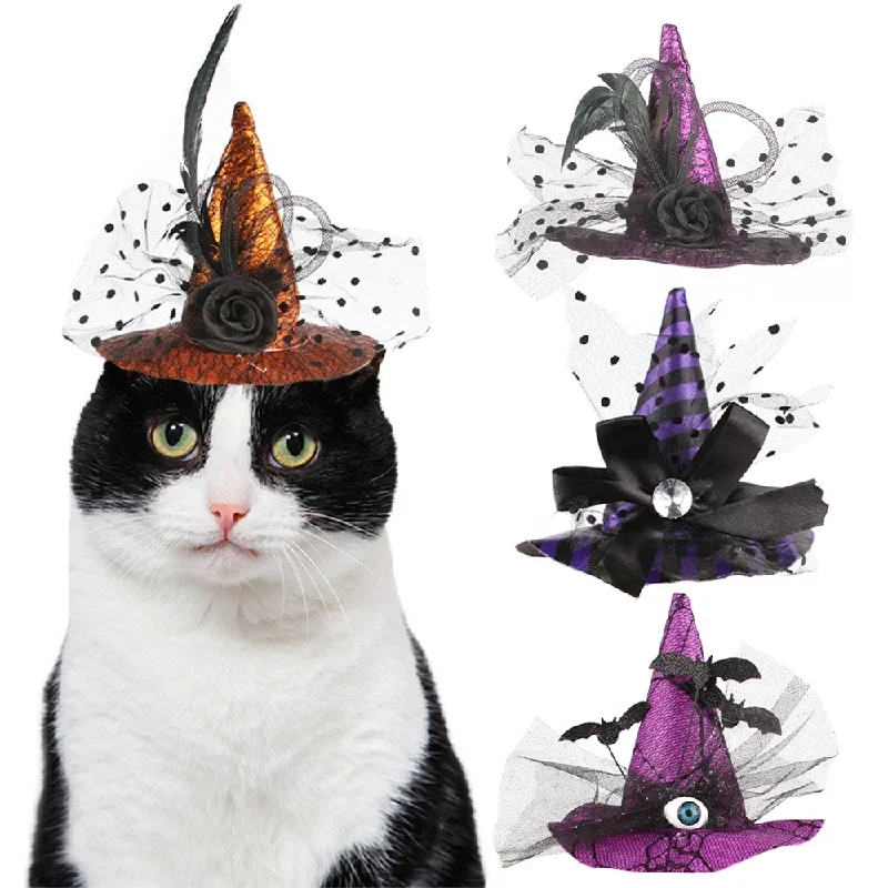 Halloween Pet Witch Hat Witch Wizard Pet All Saints Day Dress Up Bat Pumpkin Wing Adjustable Hat Cat Cap Costume Dog Accessories