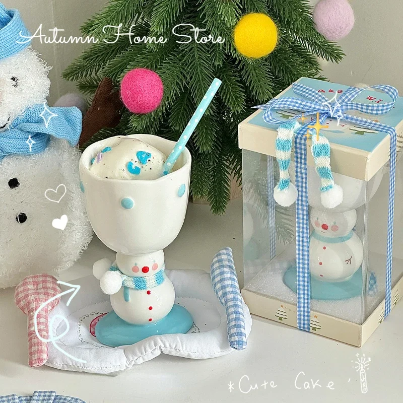 Cute Scarf Snowman High Footed Cup Underglaze Color Hand-painted Gift Ice Cream Ceramic Mug Souvenir