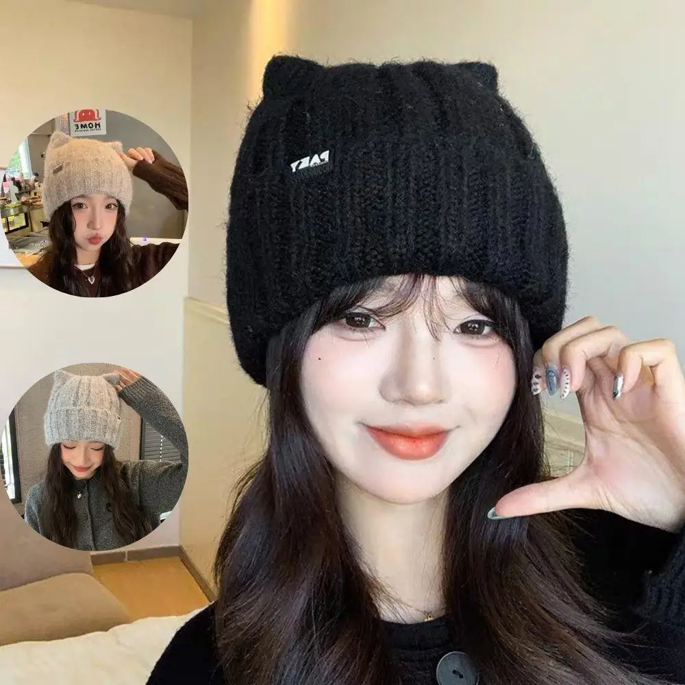 Bonnets tricotés avec oreilles de chat noir, 1 pièce, mignons chapeaux chauds d'hiver en laine pour femmes, mode Streetwear coréen, chapeau de Protection des oreilles résistant au froid