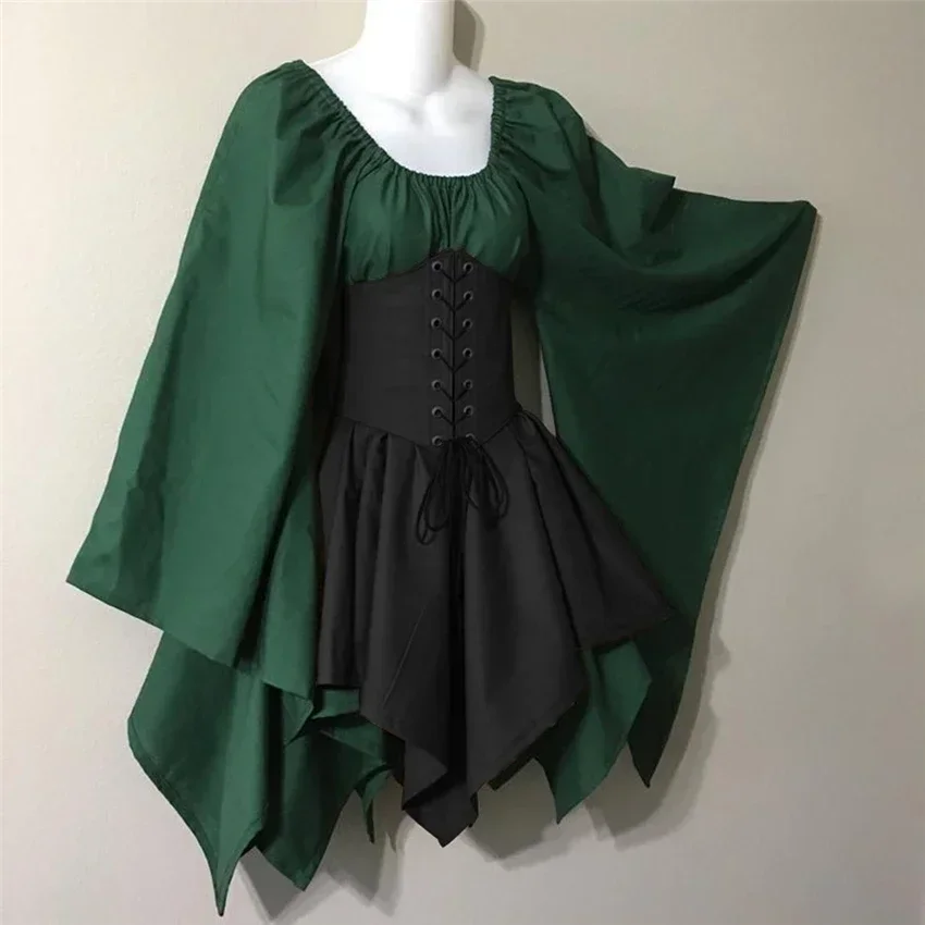 

Renaissance Vintage Palace Victoria Medieval Costume Women Halloween Cosplay Full Sleeve Waist Bandage Ptachwork Dress Party