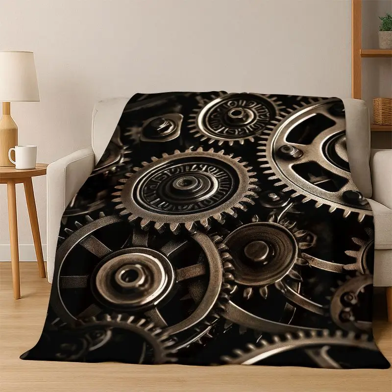 Retro Metal Mechanical Wheel Gear Flannel Blanket Soft Warm Blanket Throw Blanket for Bedroom Living Room Bed Travel Picnic Gift