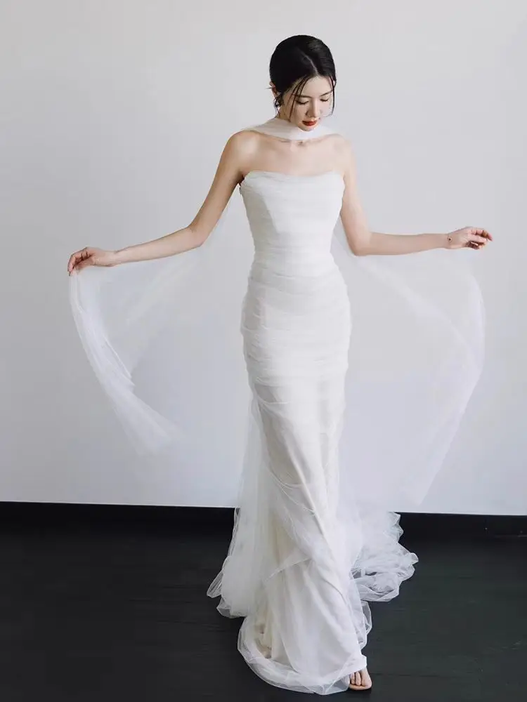 Ele White Satin Fi Tail Evening Dr Wedding Gown Simple Princ Sle Bridal Outfit Guest eeting Long Skirt