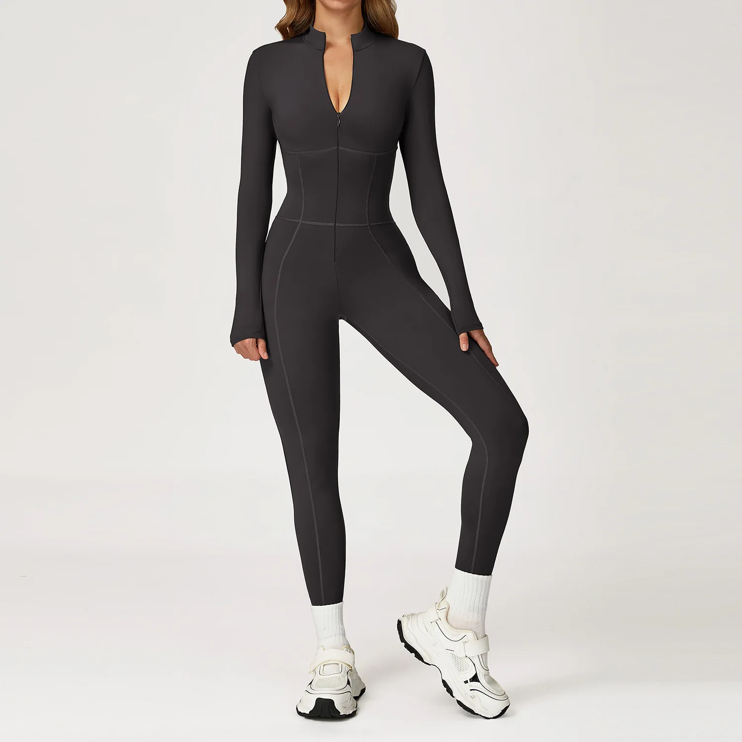

Warm Long Sleeve Yoga Jumpsuit Stand Collar Zipper Sports Gym Fitness Women Romper Dancing Running Workout Leggings Bodysuits