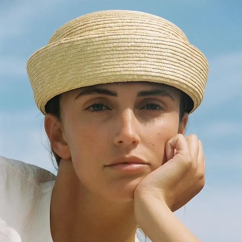 1pcs Breathable Round Retro Straw Hat Beret Hand-woven Ultraviolet Protection Sun Hat Shading Summer Fashion Artist Beach Hat