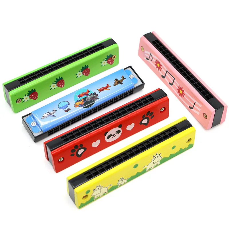 16Holes Wooden Harmonica Yellow Cherry Pattern Musical Instrument Children Montessori Educational Toys Kids Instruments TMZ