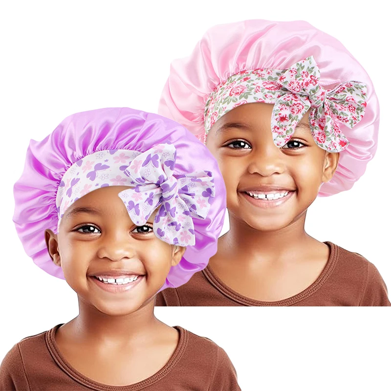 2PCS/LOT Elastic Kids Silky Satin Bonnet Cap Sleeping Hat Night Sleep Baotou Cap Cute Bow Hair Care Nightcap Bonnet Turban