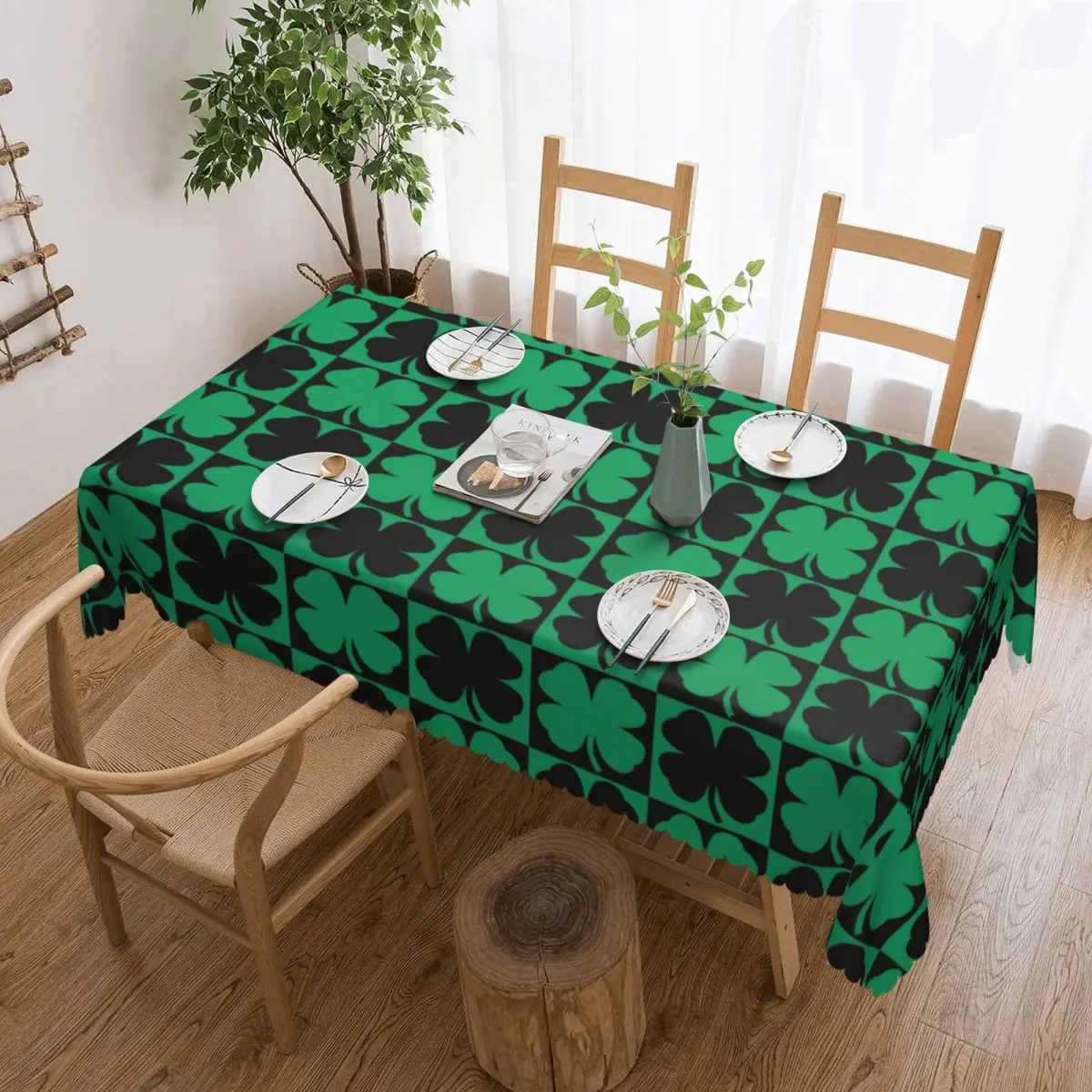 Custom Rectangular Green And Black Four Leaf Clover Floral Checkerboard Pattern Tablecloth Fit 40