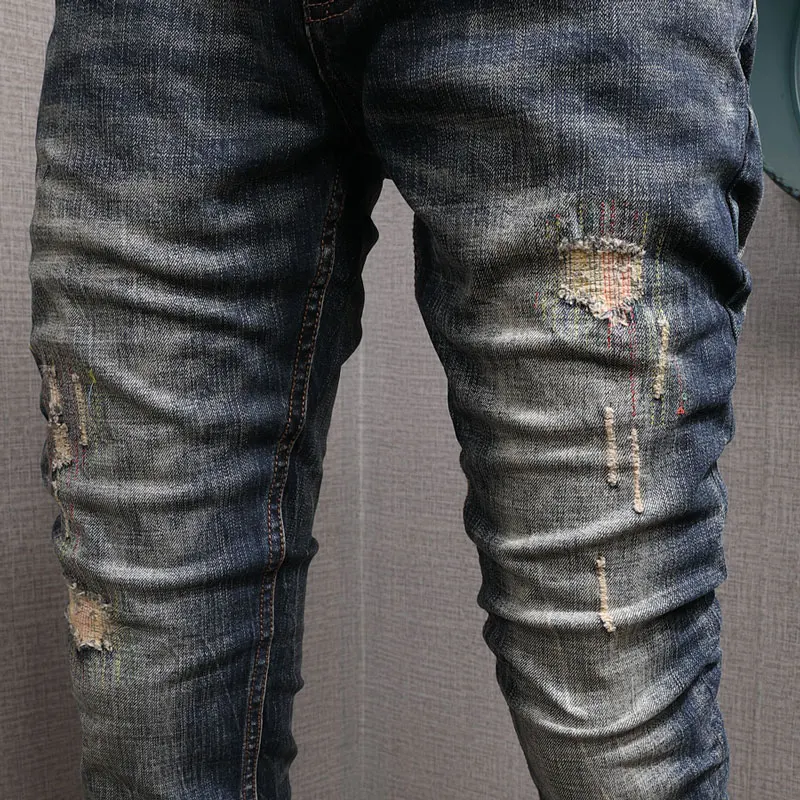 Fashion Designer Men Jeans High Quality Retro Black Blue Stretch Slim Fit Ripped Jeans Men Embroidery Patched Vintage Pants