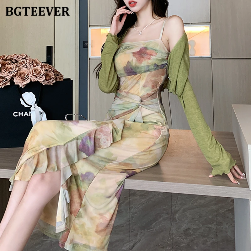 BGTEEVER Spring Summer Ladies 2 Pieces Dress Set Long Sleeve Shawl Cardigans & Floral Printed Sleeveless Package Hip Dress