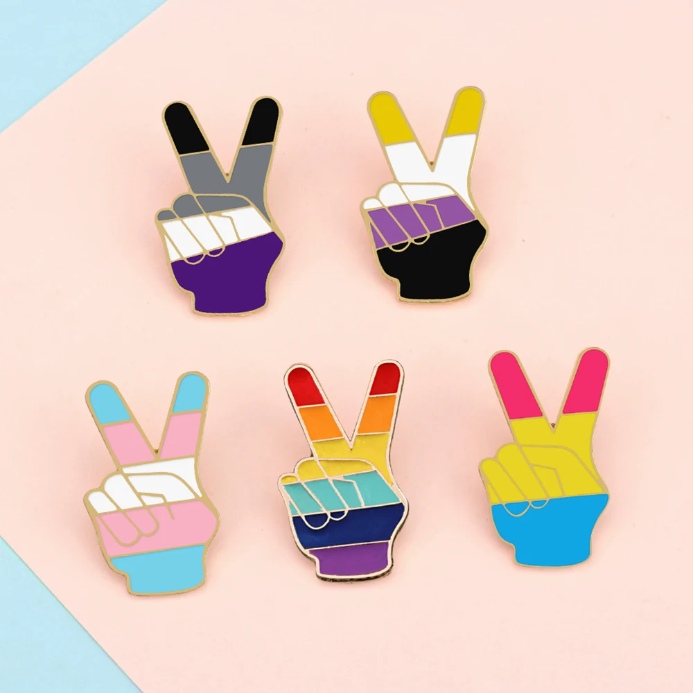 Victory Gesture Brooches Custom Lesbian Gay LGBT Asexual Non-binary Enamel Badge Pride Rainbow Lapel Pins Backpack Jewelry Gifts