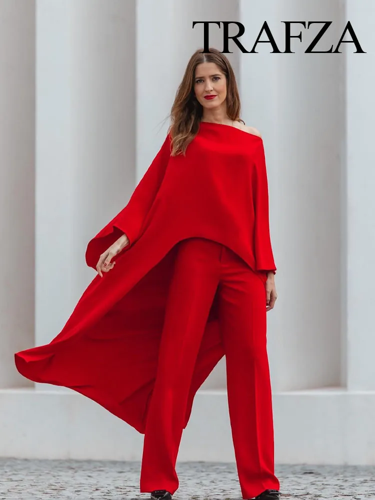 Trafza Herfst Dames Asymmetrische Cape Stijl Rood Satijn Shirt Modieuze Ronde Hals Dames Casual Lang Shirt Vakantie Stijl 2024