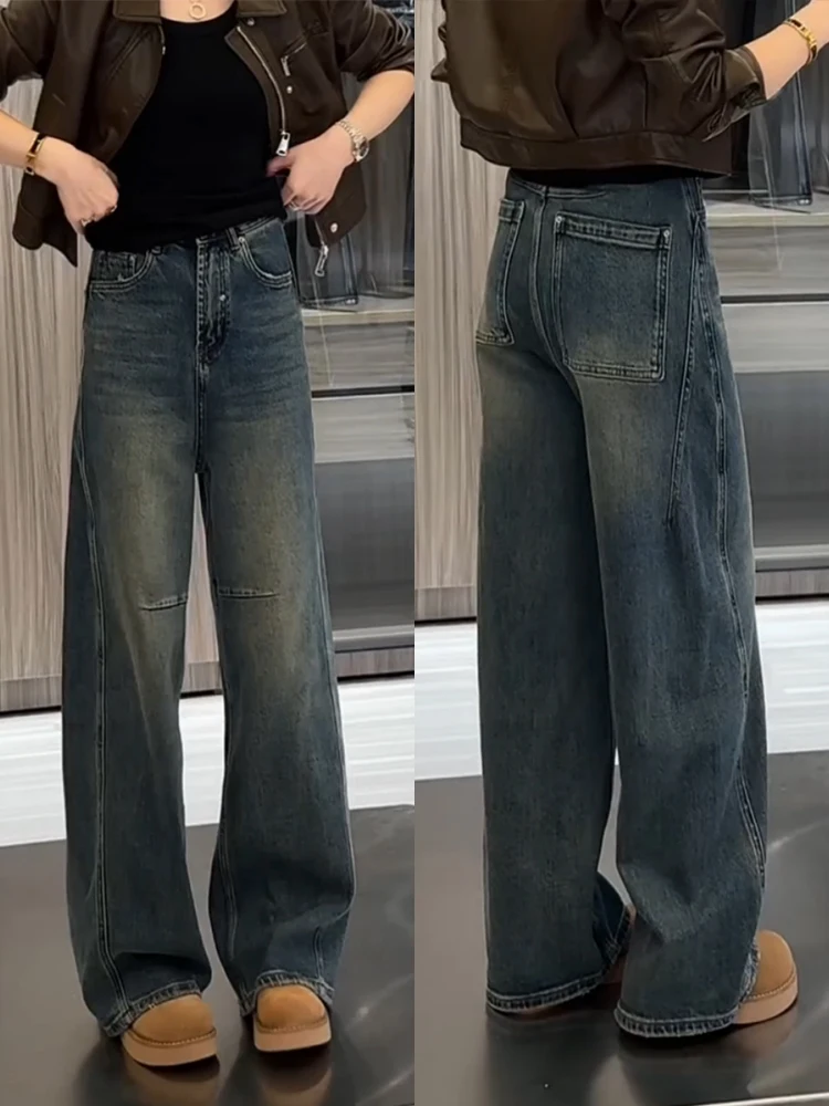 

Широкие джинсы с высокой талией, женские свободные брюки для похудения, осенние новые джинсовые брюки в стиле ретро для больших размеров