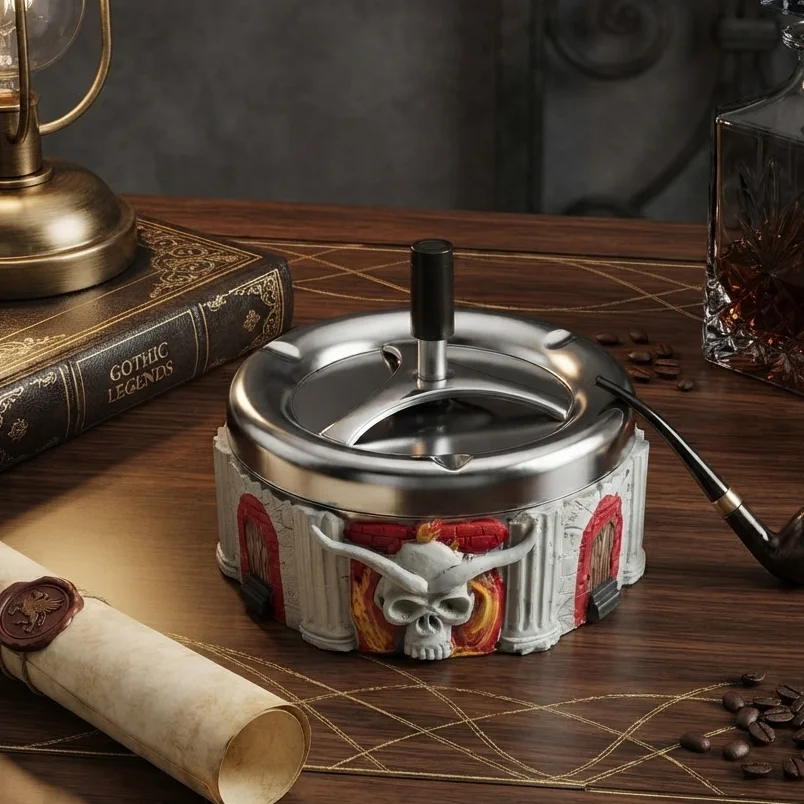 Spinning Ashtray with Lid Windproof Push Button Self Cleaning Smoking Accessory for Home Office Desk Decor