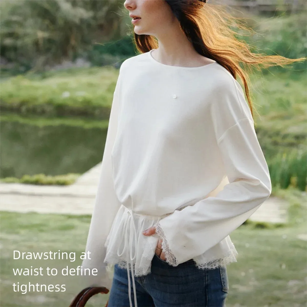 OLrain Women's White T-shirt Elegant Spliced Lace O-neck Tops Spring 2026 French Draw String Waist Cotton Woman Tees O58CT002602