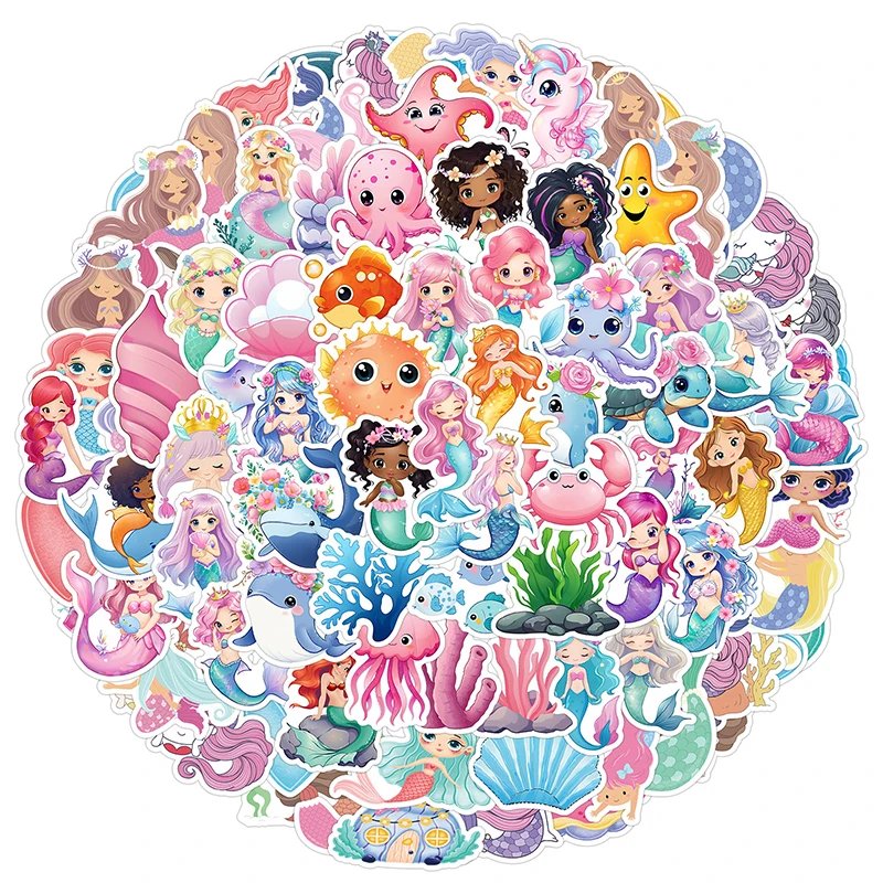 100PCS Cute Mermaid Ocean Stickers Cartoon Sea Mermaid Sticker Vinyl Waterproof Marine Life Decals Kawaii Ocean Animals Decal