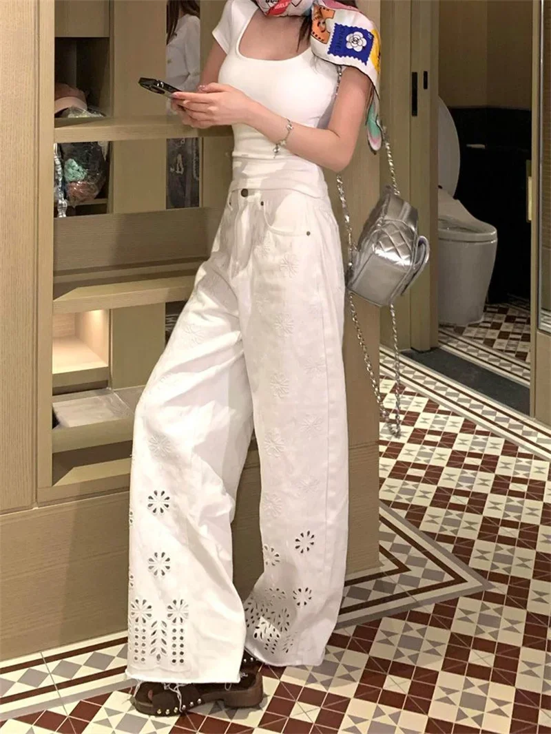 Nova moda verão calças jeans feminino branco oco para fora bordado cintura alta casual solto calças retas jeans