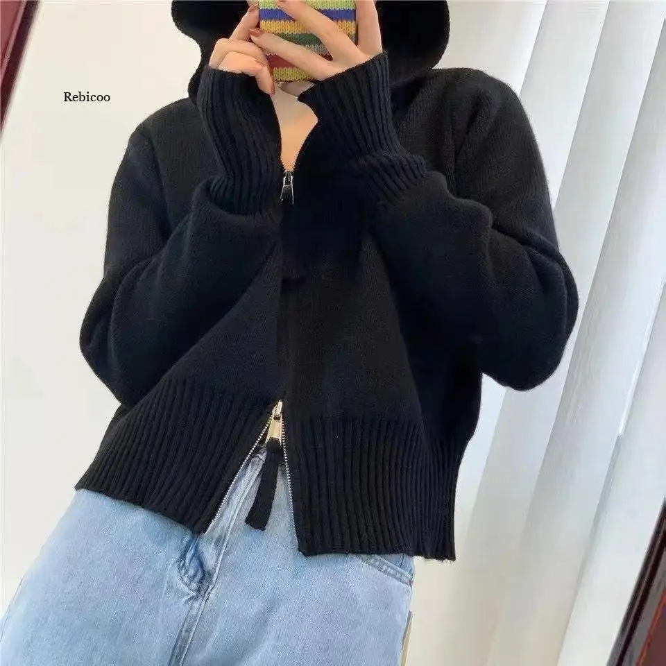 Hooded Double Zipper Sweater Women 2021 Autumn Solid Long Sleeve Short Sweaters Coat Korean Temperament Fashion Clothes