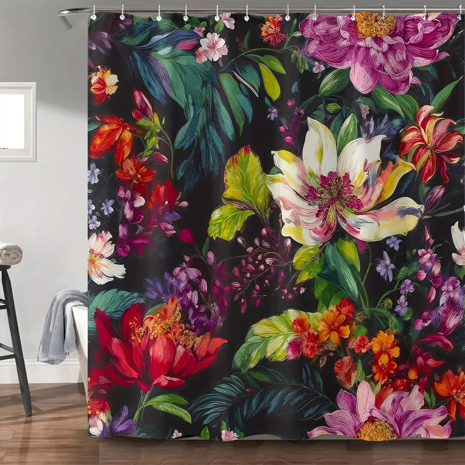 幾何学模様の黒い葉の植物柄シャワーカーテン、洗える防汚シャワーヘッド、防水ポリエステル製バスカーテン