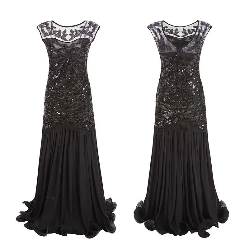 1920s Style Long Evening Gown with Lace And Beads Maxi Dress for Party And Banquet Vintage Floral Print Maxi Skirt