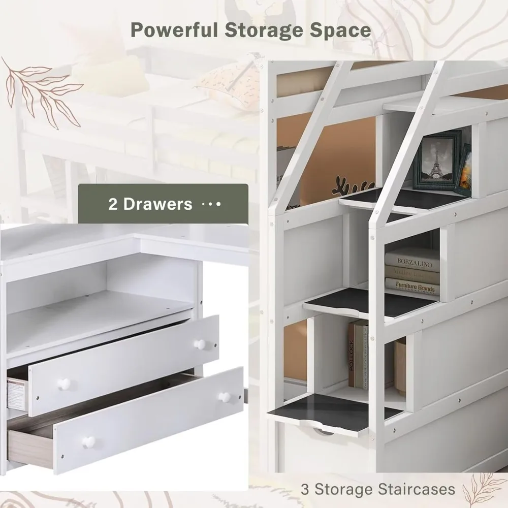 سرير علوي مزدوج مع سلالم ومكتب، سرير علوي من الخشب الصلب مع سلالم تخزين، إطار سرير مرتفع للدرج مع خطوة تخزين #5