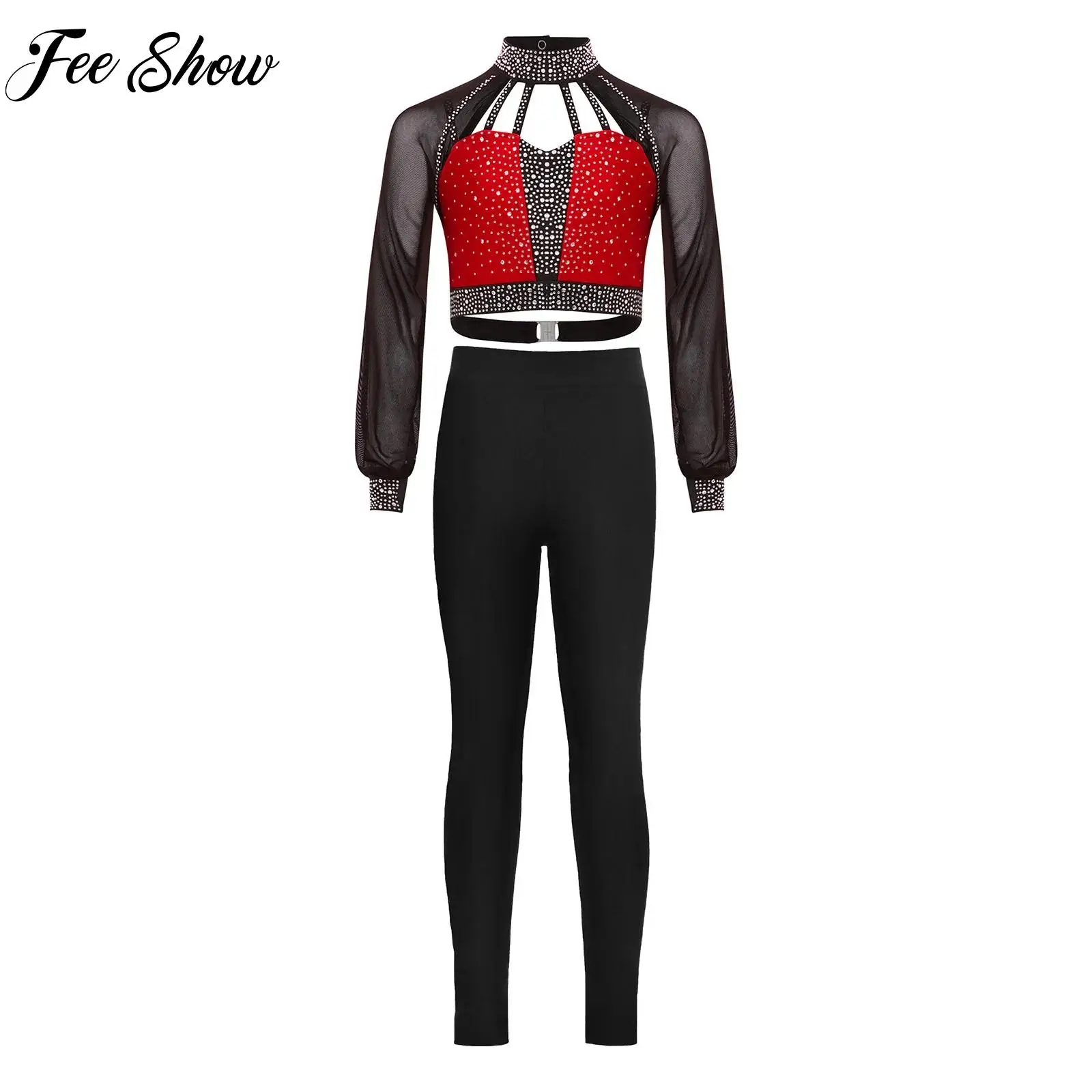 

Teen Girls Gymnastics Figure Skating Dance Sets Long Sleeves Rhinestones Crop Top+Leggings Set for Stage Performance Competition