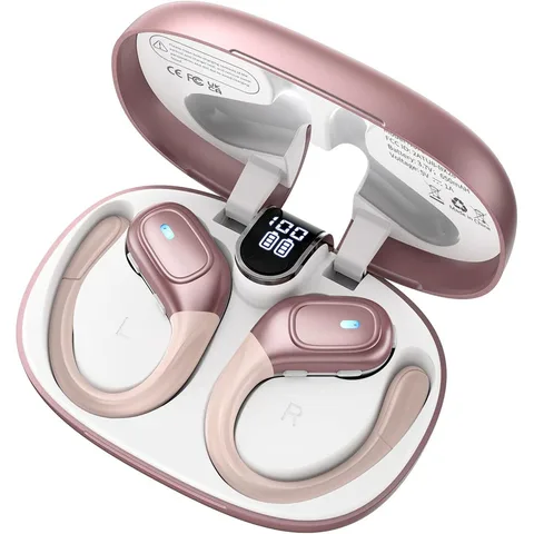 Fones de Ouvido Bluetooth 5.3 Esportivos com Gancho para a Orelha, à Prova d'Água IPX7, Sem Fio, 75 Horas de Uso com Display LED de Energia e Botões Físicos