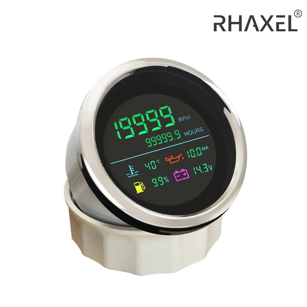 RHAXEL 6 in 1 Adjustable Multifunctional Gauge Tachometer Fuel Level Water Temp Oil Pressure Hour Voltmeter 85mm for Car