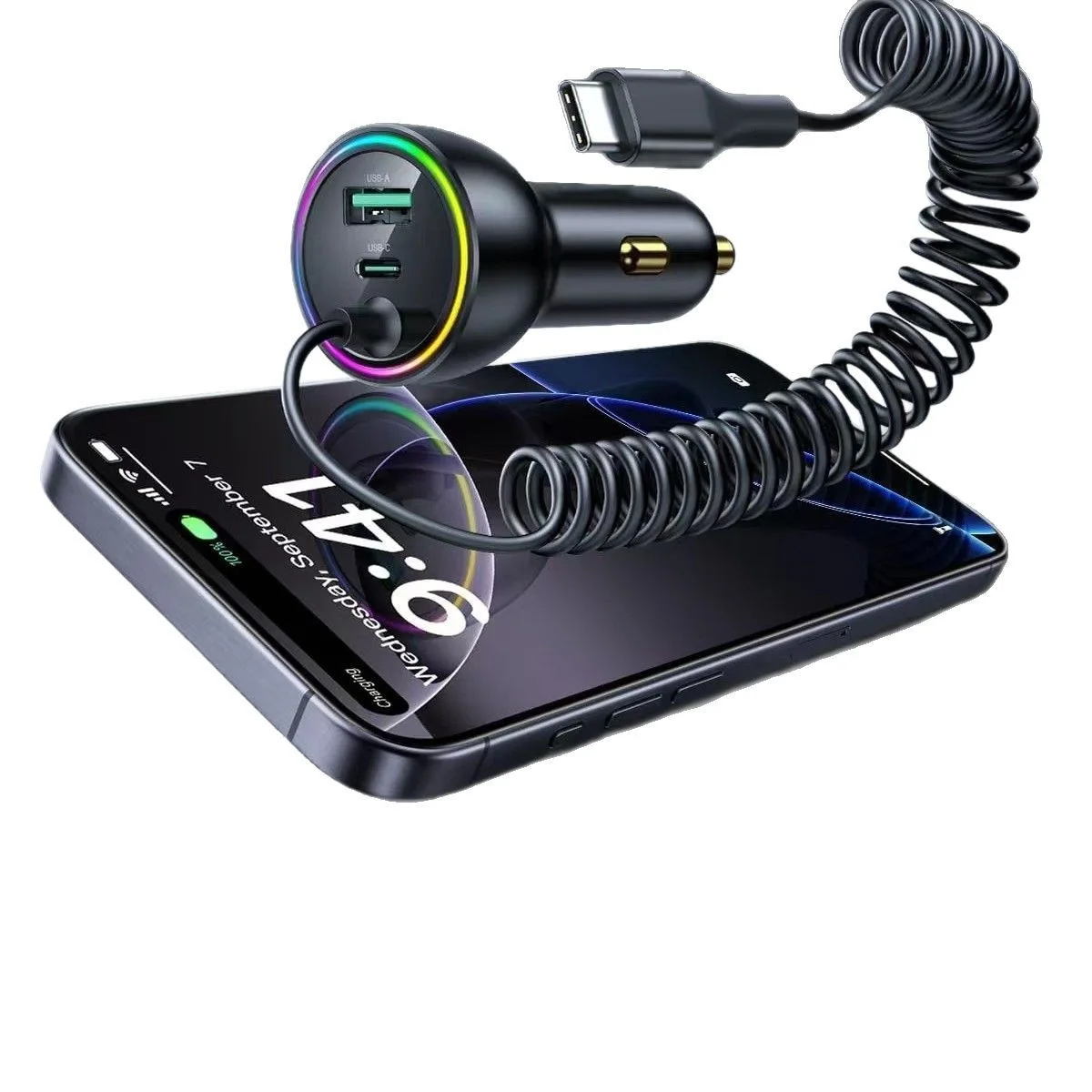 Car Charger PD&QC 3.0-36W, 30W Type-C Coiled Cable  for iPhone 17-8 Series/Samsung Galaxy S23-S21/Google Pixel/Android/iPad etc