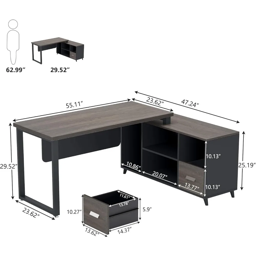 Computer Desk L Shaped with 2 Drawers,  55 Inch Executive with Cabinet Storage Shelves, Easy To Assemble Office Desk