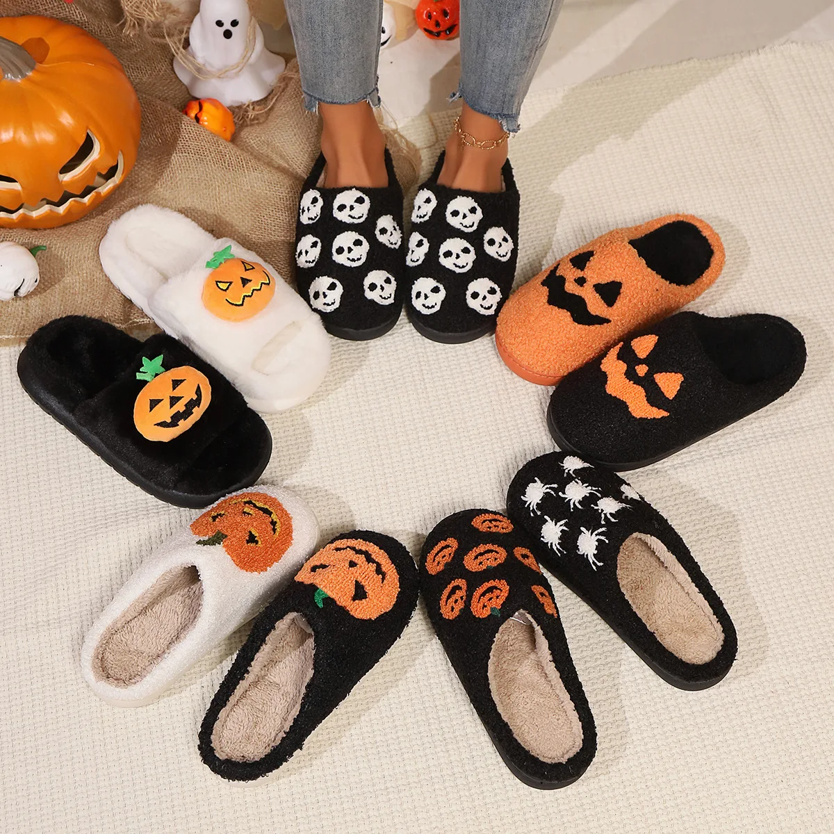 Halloween Pumpkin Autumn Winter Couple Cotton Slippers Home Indoor