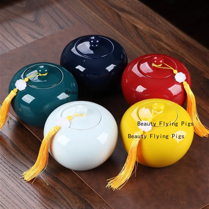 1pc Ceramic Tea Jar with Lid, Sealed Pu'er Tea Can, Filling Seasoning or Candy Cans, Chinese Style Facial Mask Powder Can