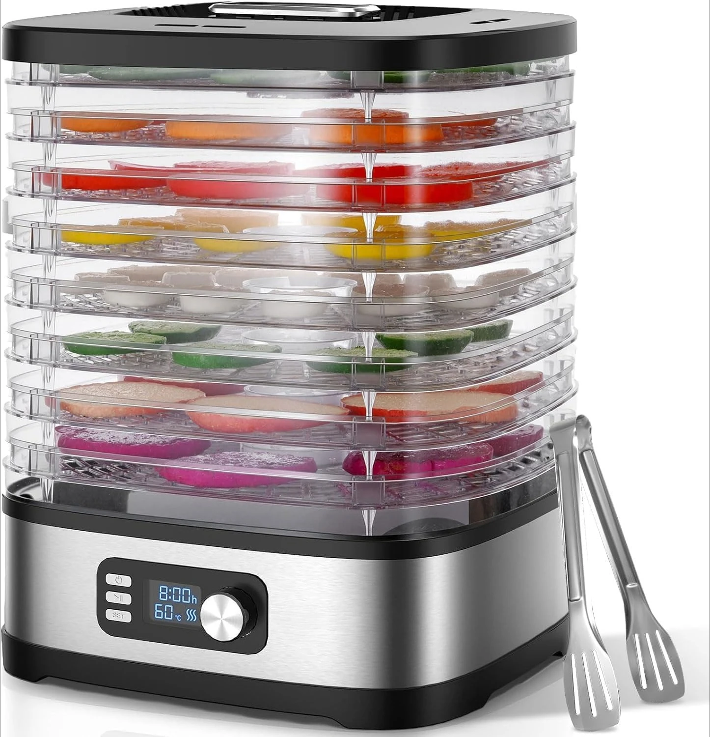Deshidratador de Alimentos con 8 Bandejas, Temporizador de 72 Horas y Control de Temperatura, Incluye Láminas para Frutas y Pinzas de Acero Inoxidable para Carne Seca