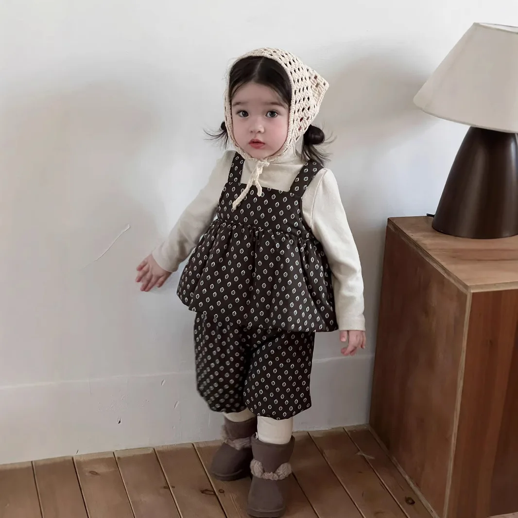 Baby Girl Fashion Cotton Set Girls Winter Thick Suspender Top Patchwork Pant Set Versatile Two Piece Set