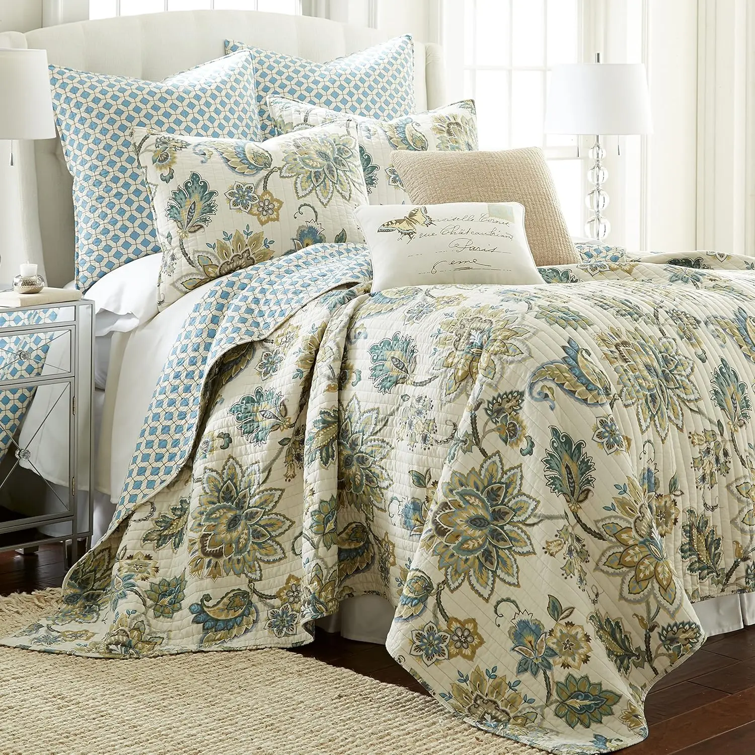 

Reversible King Quilt Set with Paisley Design, 106x92in + Pillow Shams, Cotton Fabric in Green, Yellow, Grey, Blue