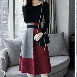 Long Sleeve Patchwork Ladies Long Dress Casual Pullovers Autumn Winter Thin Vintage A-line Skirt 2023 New Loose Women's Clothing