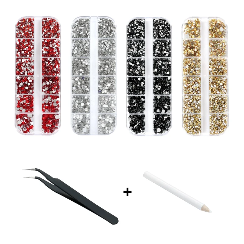 DUCRYSTAL 3992pcs SS6-S20 Mix Size Siam Gold Black Glue On Rhinestones Set with Tweezer Flat Back Glitter Gems for DIY Craft