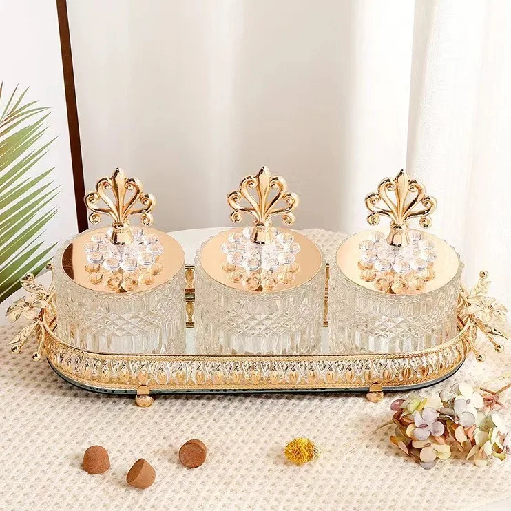 

European decorative glass candy jar Phnom Penh decorative glass handicrafts electroplated happy candy jar four-piece furniture