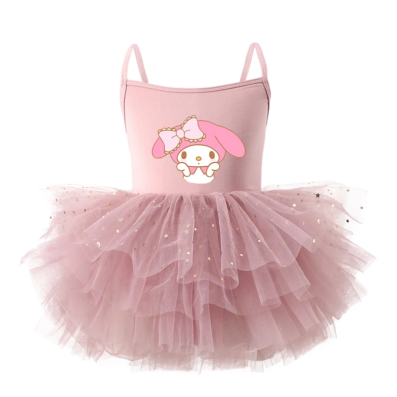 Anime Kawaii Hello Kitty Kuromi My Melody Girls Summer Sleeveless Dress Sanrios Children Princess Ballet Shiny Fluffy Mesh Skirt