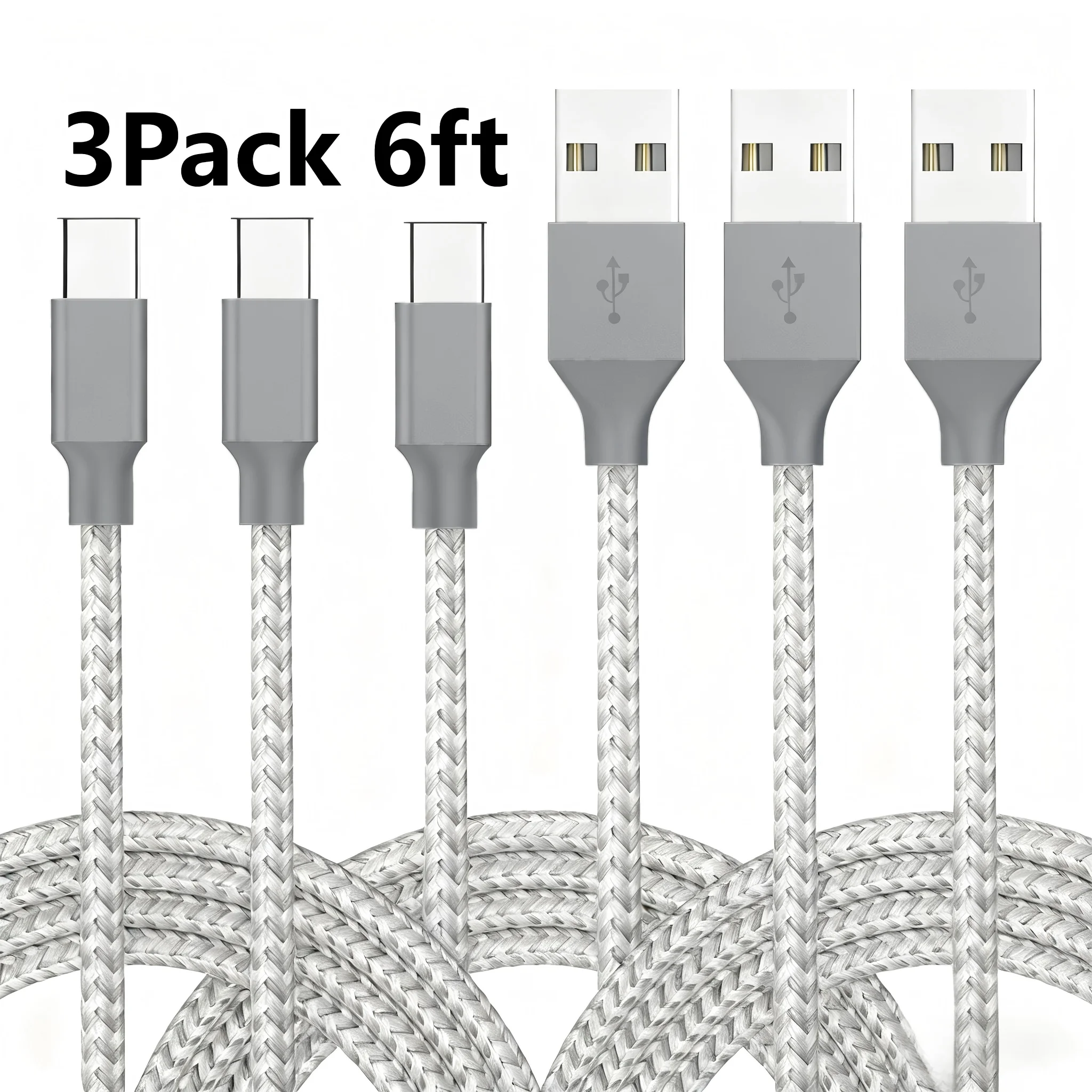 Paquete de 3 cables USB a tipo C de 6 pies, Cable de carga rápida de nailon, carga y transmisión universales para teléfono móvil