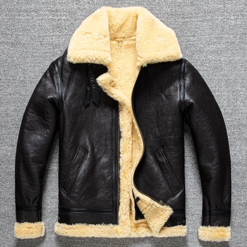 LNY Shop Best,2023 new B3 style warm genuine leather jacket.100% thick wool sheepskin coat.Super natural shearling Fur clothes.