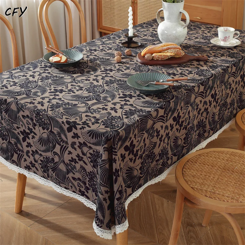 

Cotton Linen Coffee Base Black Pattern Rectangular Table Cloth Kitchen Table Map Towel Tablecloth Decoration