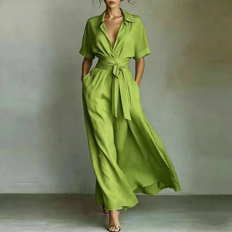 Zomerjurk voor dames, casual, effen, met zakken, losvallend, feestjurk, sexy, hoge taille, strikdetail, lange jurk, revers, korte mouwen, boho-stijl, lente 2026