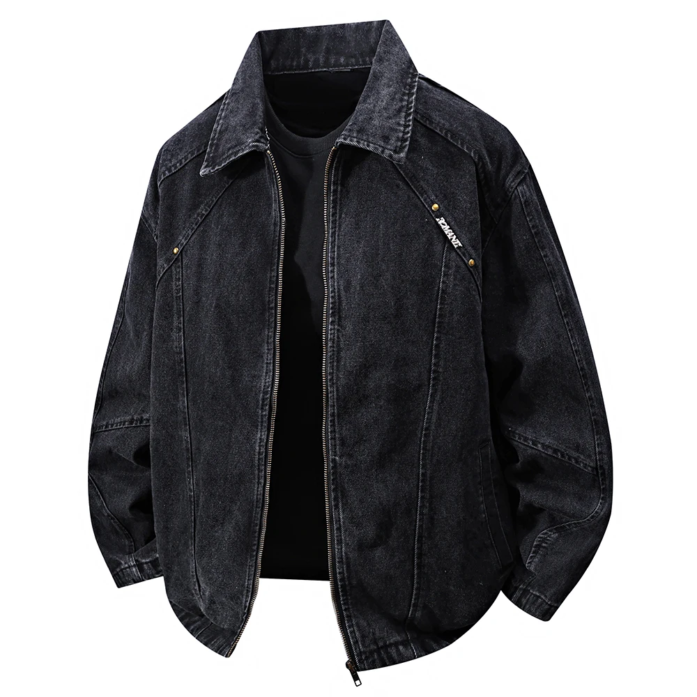

Мужская джинсовая куртка, классическая черная, серая хлопковая джинсовая куртка с заклепками, воротник с лацканами, верхняя одежда на молнии