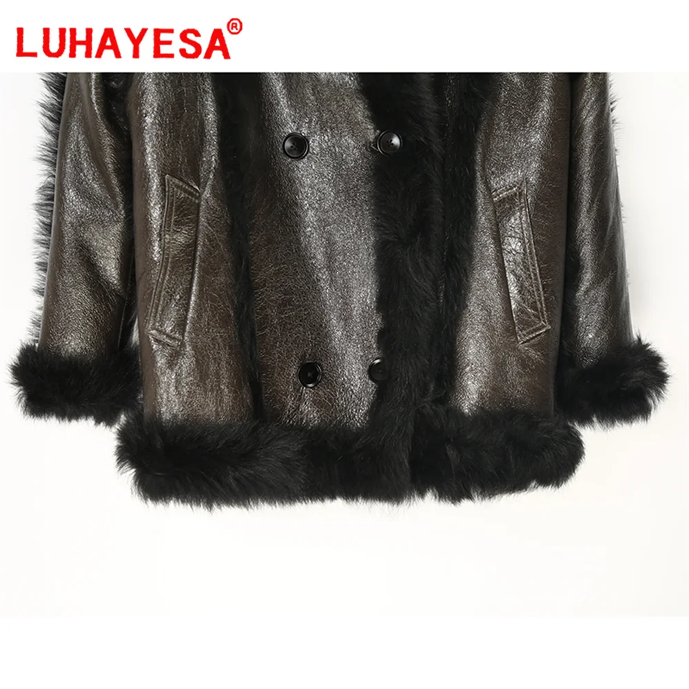 2024 New Tuscany Fur Women Fashion Dark Green Thicken Real Fur Coat Winter Genuine Leather Natural Fur Overcoat