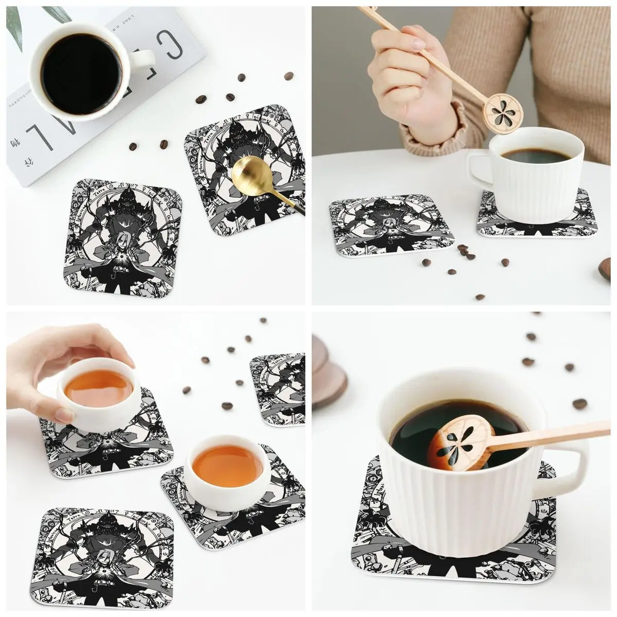 Fullmetal Alchemist Anime Manga 4 Coasters Kitchen Placemats Non-slip Insulation Cup Coffee Mats Tableware Pads Set of 4